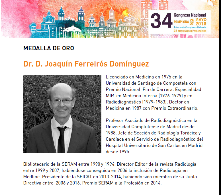 El radiólogo de RESONA, DR. JOAQUIN FERREIROS, galardonado con la medalla de Oro de la SERAM